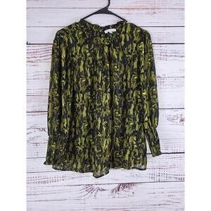 Maison D Amelie Blouse L Womens Green Black Long Sleeve Key Hole Back Pullover